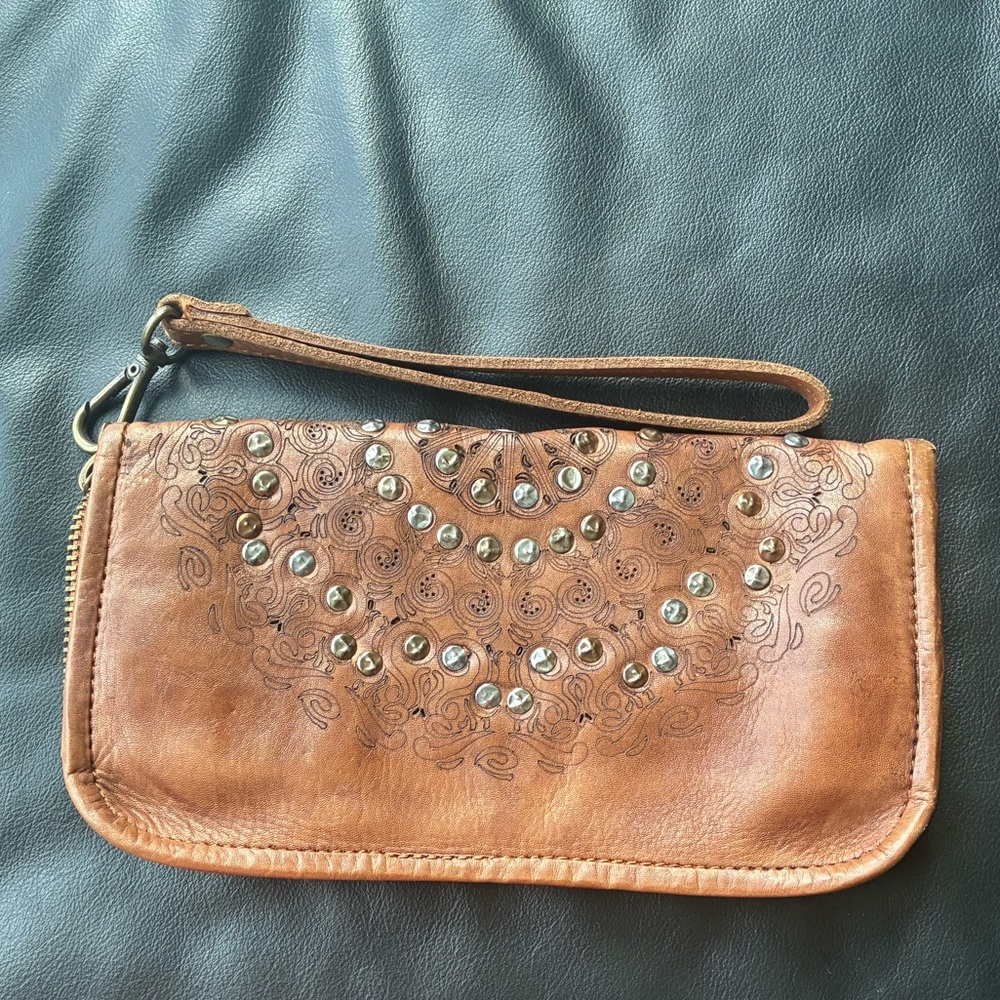 Brown Embellished Leather Wristlet